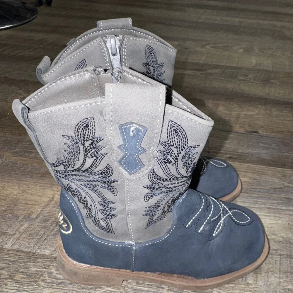 Pawz Kids Size 13 Cowboy Boots Navy Gray Western Embroidered Boys Girls Zip